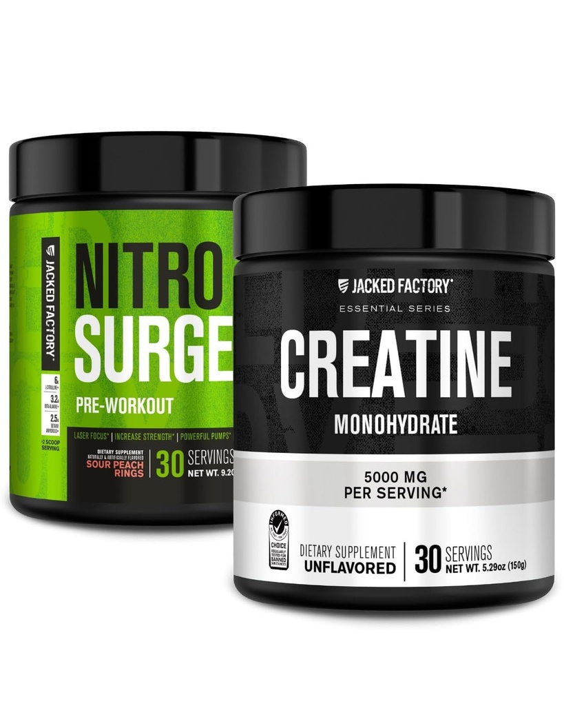Fabrica Jacked NITROSURGE Suplimentul de pregătire - câştiguri de putere instant şi pompe intense (30 serviri, inele de piersici acri) & Creatină Monohidrat pentru creşterea musculară (30 serviri, nearomatizate)