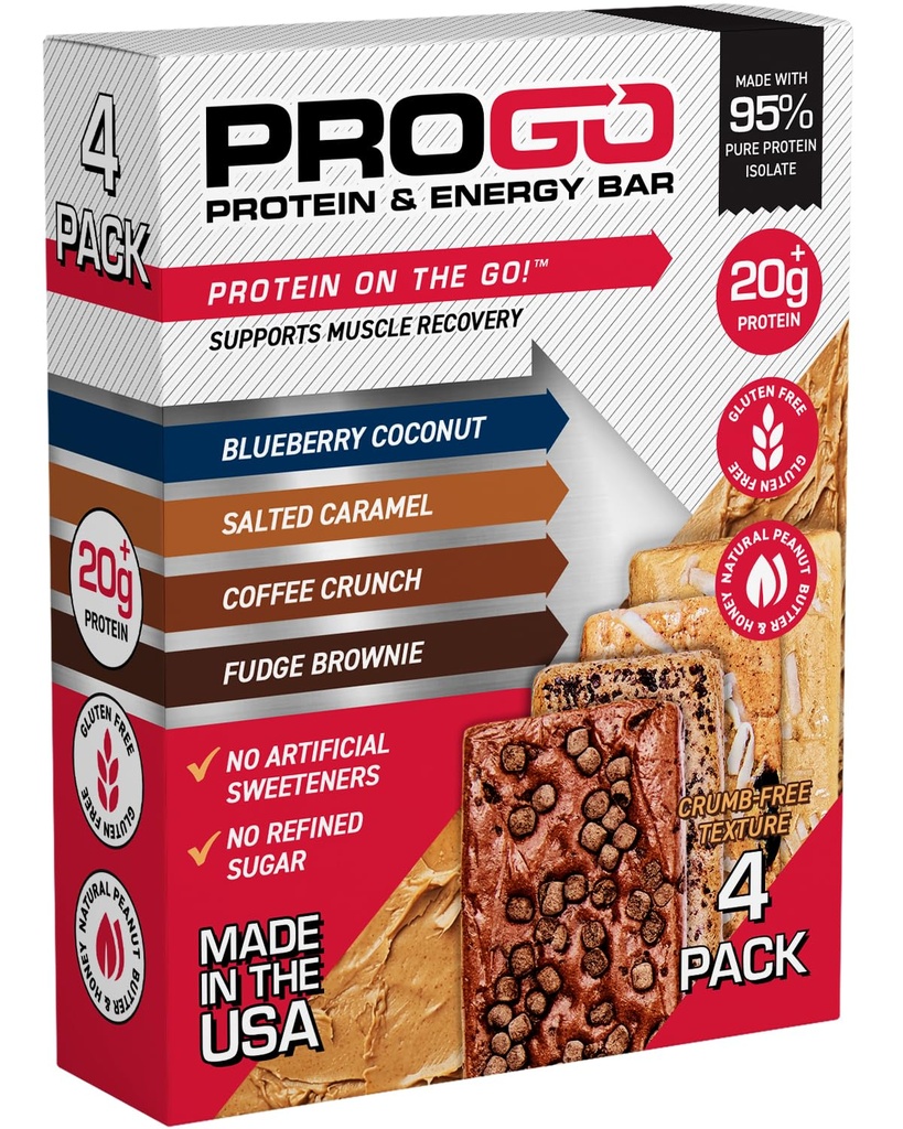 Baruri ProGo de proteine, zahăr scăzut, snack-uri de proteine ridicate (până la 21g) - 95% Izolat pur pentru creștere musculară mai rapidă & recuperare, Calorie scăzut, unt de arahide și miere crudă (4-Count, Starter Pack)
