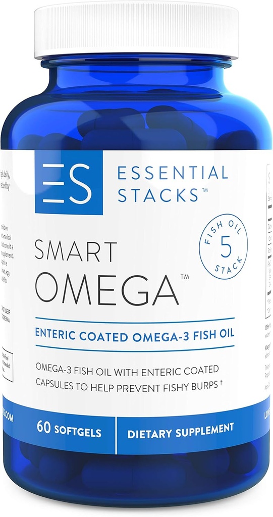 Essential Stacks Smart Omega 3 - Burpless Fish Oil - 1400mg EPA DHA Per Serving, Enteric Coated (60 capsule)