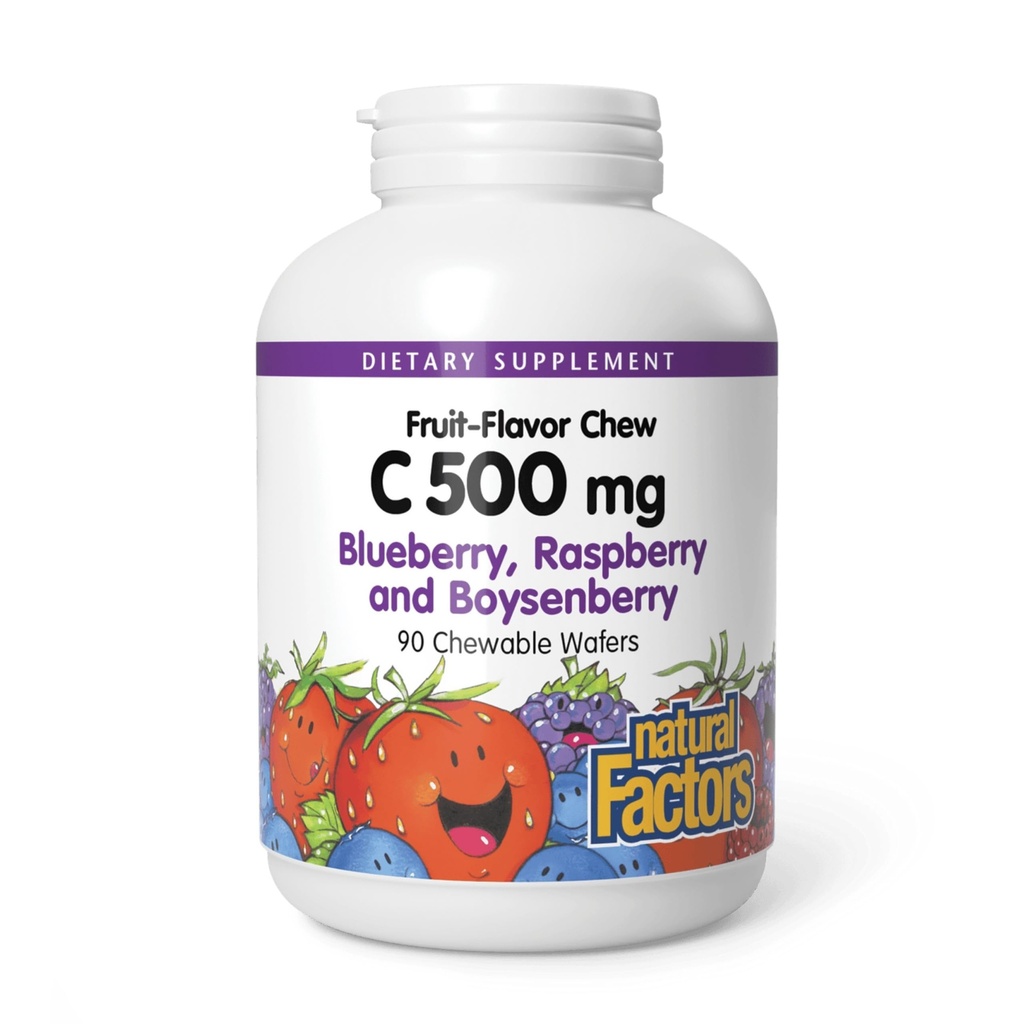 Factori naturali, Copii Chemable Vitamina C 500 mg, Sprijină Immune Health, Oase, Dinți și Gume, Afine, Zmeură și Boysenberry, 90 Conte (Pachet de 1)