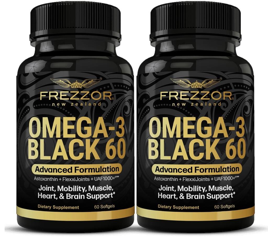 FREZZOR Omega 3 Negru pentru Ingrijire comuna & Comfort - Noua Zeelanda Green Lipped Capsule de ulei Mussel; 53x Potență superioară cu UAF1000+ Super Antioxidant, Nu gust de pește, 60 Conte (Pachet de 2)