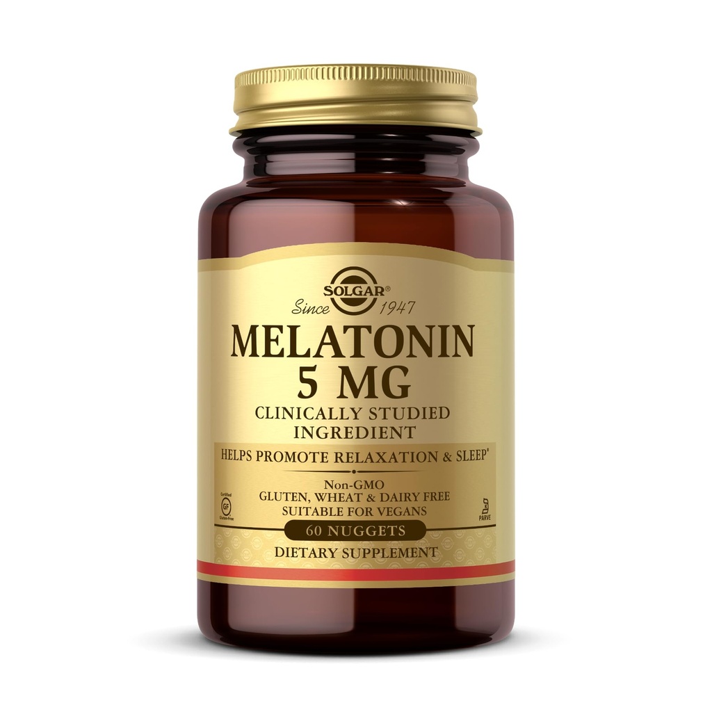 Solgar Melatonina 5 mg, 60 Nuggets - ajută la promovarea relaxării și a repausului - Studiat clinic Melatonina - Vegan, Gluten Free, Dairy Free, Kosher - 60 Serviri