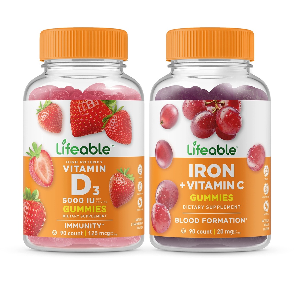 Vitamina D 5 000 UI + Fier cu vitamina C, Gumries Bundle - mare gustare, supliment de vitamine, gluten gratuit, OMG gratuit, guma de mestecat