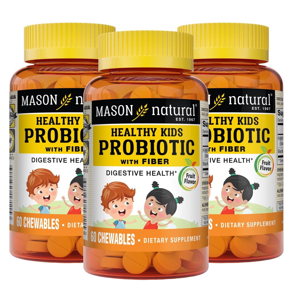 MASON NATURAL Copii sanatosi Probiotic cu fibre - functie digestiva sanatoasa, imbunatatit sanatate Gut, 60 Chewables (Pachet de 3)