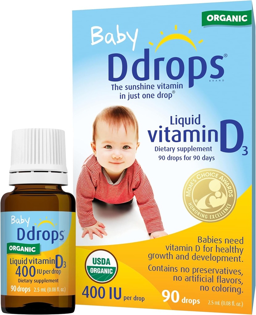 Drops Organic Baby 400 UI 90 picături - Lichid zilnic de vitamina D pentru sugari. Susţine sănătatea dinţilor şi a oaselor. Fără conservanţi, fără zahăr, fără GMO, fără alergie - pachet de 2
