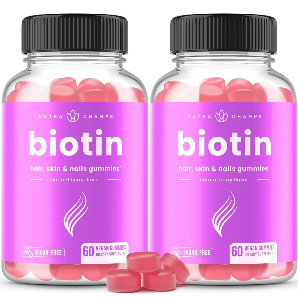 NutraChamps Zahăr gratuit Biotin Gume 10000mcg [Potență ridicată] - păr sănătos, piele și unghii pentru femei, bărbați și copii - 5000mcg în fiecare Gummy - Vegan Health Vitamine Supliment - Raspberry (2-Pack)