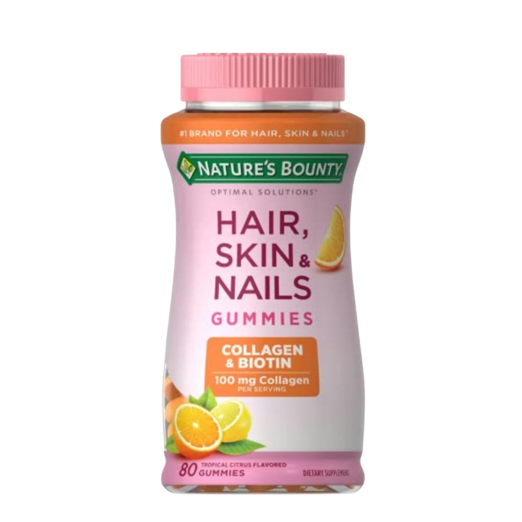Solutii Optimale de Bounty Nature Par, Piele & Nails cu Biotin si Colagen, Suplimentul de vitamine Citrus-Flavored Gumies, 2500 mcg, 80 Ct, 40 Serviri totale