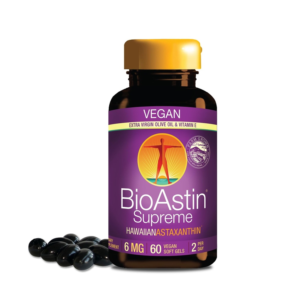 Nutrex Hawaii BioAstin Supreme Hawaiian Astaxanthin - 6mg, 60 Softgels - Farm-Direct Premium Antioxidant Supliment pentru ochi, piele, comun și sistemul imunitar Sănătate* - Amestecat cu extra virgin ulei de măsline