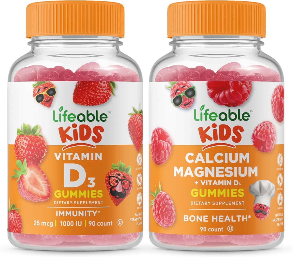 Vitamina D Lifeable Copii + Calciu Magneziu Copii, Gume Bundle - mare Tasting, Supliment de vitamine, Gluten gratuit, OMG gratuit, Gummy Chembable
