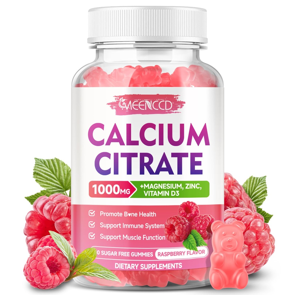 Citrat de calciu Gumies 1000mg m/Vitamina D3, supliment de calciu de mare absorbţie pentru femei şi bărbaţi, Plus Magneziu, Potasiu, Zinc pentru musculare şi imune, Sugar-Free, Aroma de zmeură, 60 Conte