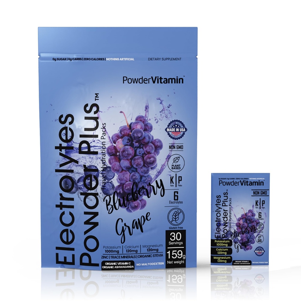 PulbereVitamina Electroliti Pulbere Plus, Keto, struguri de afine, Zero Zahăr, 1000 mg Potasiu, 120mg Calciu, 120mg Magneziu, non-GMO, Zero Calorii, 30 Pachete de hidratare