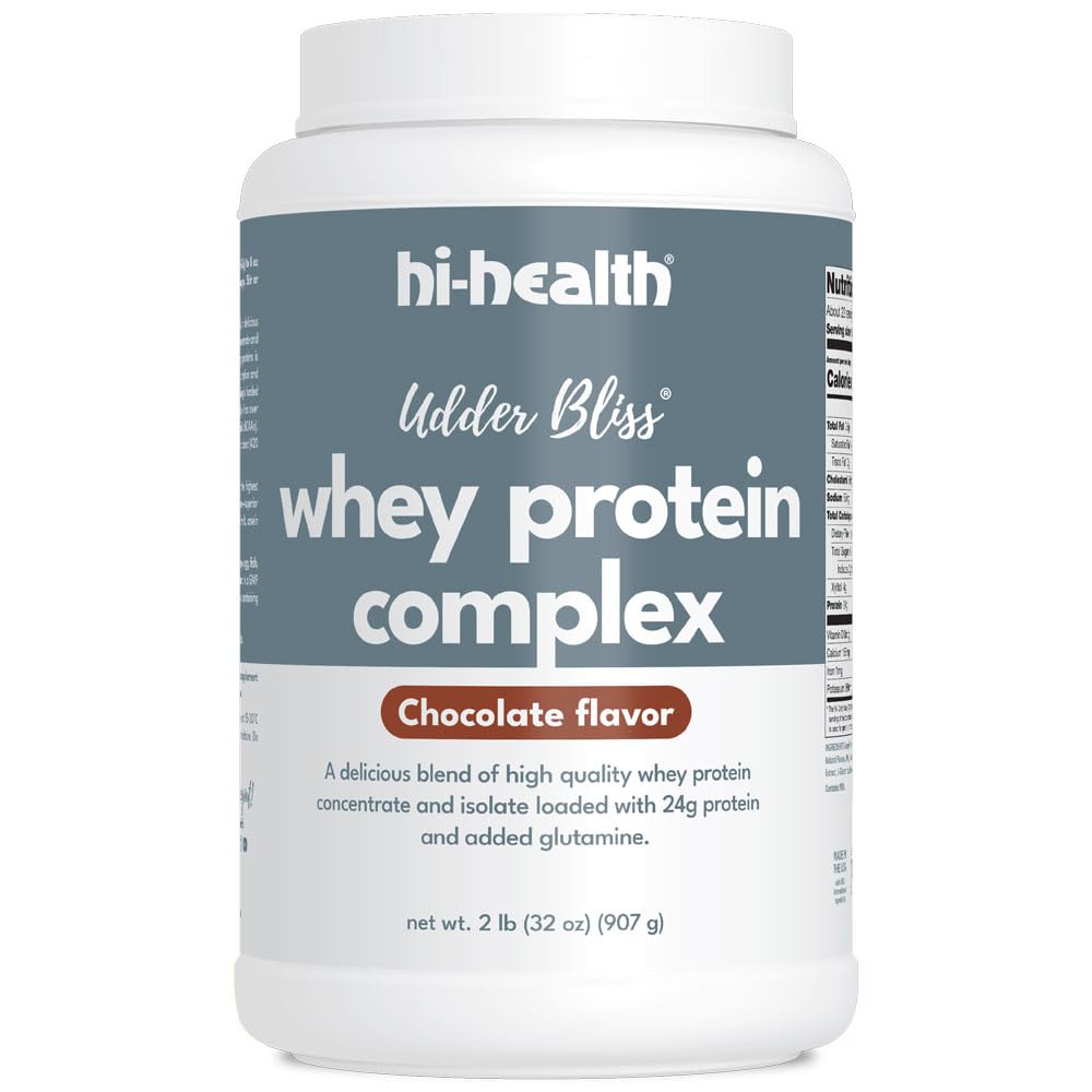 Hi-Health Udder Bliss Whey Proteine Complex Powder, Amestec de Biodisponibil Whey Proteine concentrat și izolat cu Glutamina adăugat, Ciocolată (2 Lire)