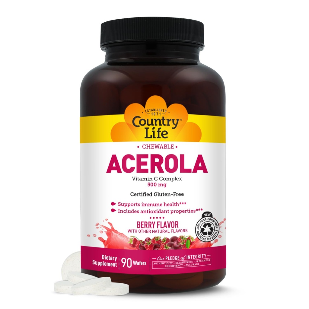 Country Life Acerola Vitamina C Complex, 500mg, Chemable Berry aroma, Suporturi Immune Health, 90 Wafers, Certified Gluten Free by GFCO, Certified Vegan by AVA