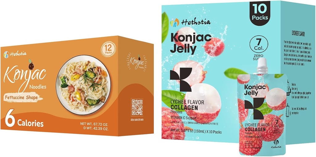 Hethstia Konjac Jelly Lychee Flavor cu Colagen Peptides 10 Packs și Konjac Fettuccine Gluten gratuit 12 Packs Calorie scăzut, Keto, zahăr gratuit, alimente sănătoase