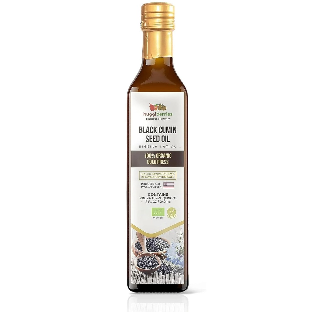 Huggiberries Organic Black Seed Seed Oil Liquid - Sticluță Glas - Ulei fără gluten pentru salate, Dips, Dressings, Veggies - Cumin turc presat la rece, bogat în Thymochinone Imunity Supplement - 8 fl.oz./250ml