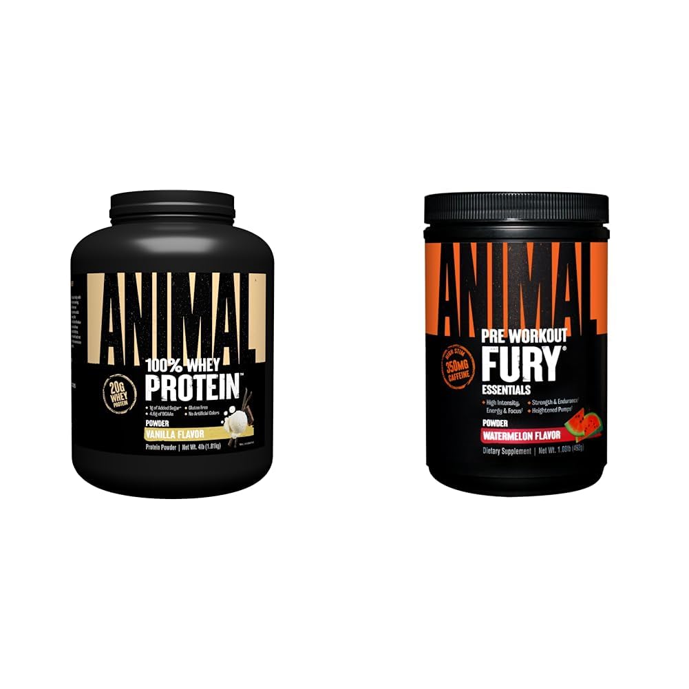 Animal 100% Whey Pulbere de proteine Vanilie 4lb Bundle Fury Pre Workout Pulbere Supliment Pepene verde 16.96oz