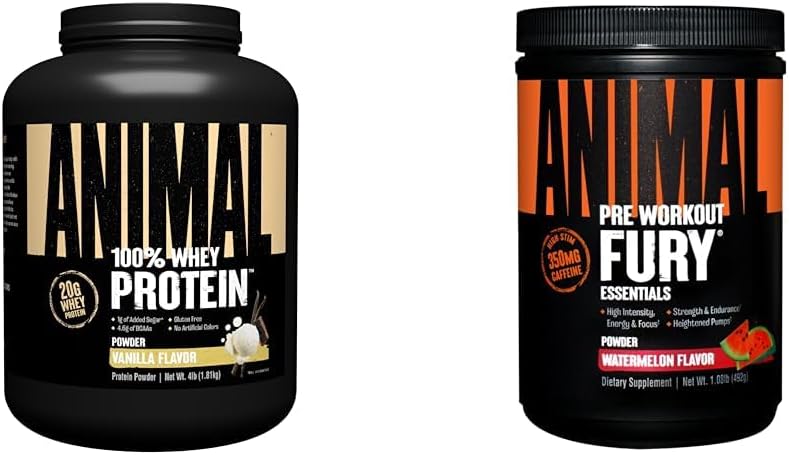Animal 100% Whey Pulbere de proteine Vanilie 4lb Bundle Fury Pre Workout Pulbere Supliment Pepene verde 16.96oz