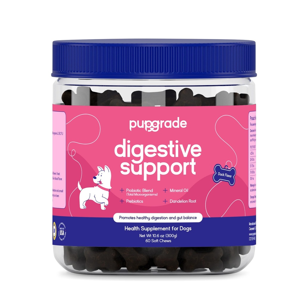 PupGrade suport digestiv Chews pentru câini - Prebiotic și Probiotic Supliment cu Enzim Blend - stomac supărat, diaree, Bowel, și suport imunitar - Dovleac, afine, ulei mineral - 60 Chews moale