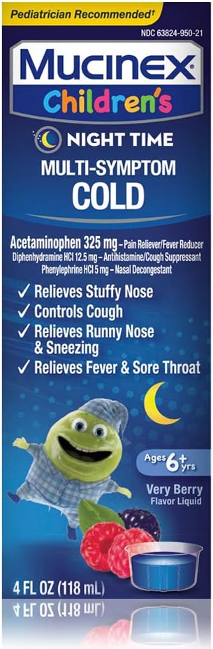 Rece, Tuse, și Febră, Mucinex copii Multi-Symptom, timp de noapte lichid rece, mixt Berry, 4oz, Reduce febra, Controls Tuse, Scutește nas Stuffy