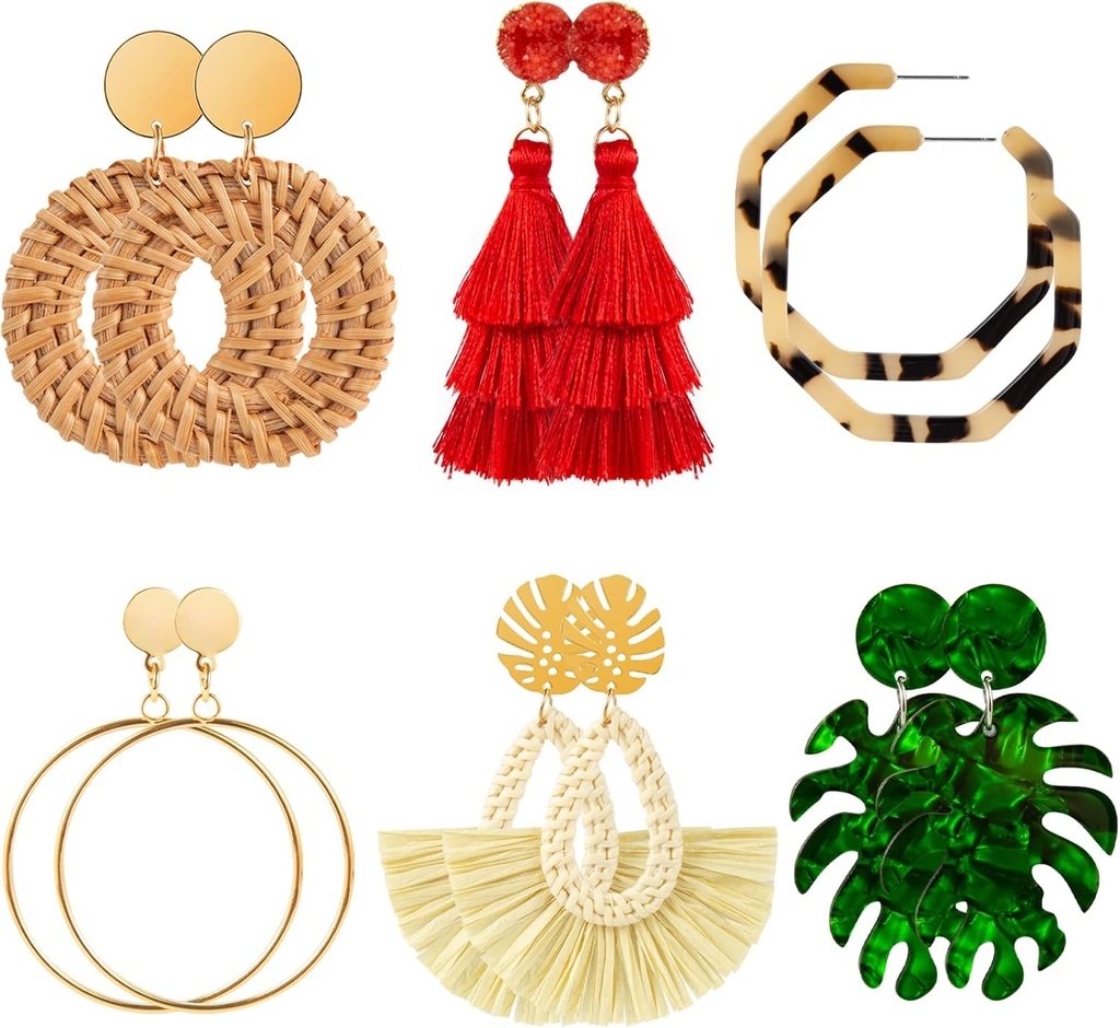 Ponpon 6-18 Perechi Cercei pentru femei, Cercei de vară ușor de greutate cercei de paie Declaraţie geometrie moda Hoop cercei dangle picătură pentru femei