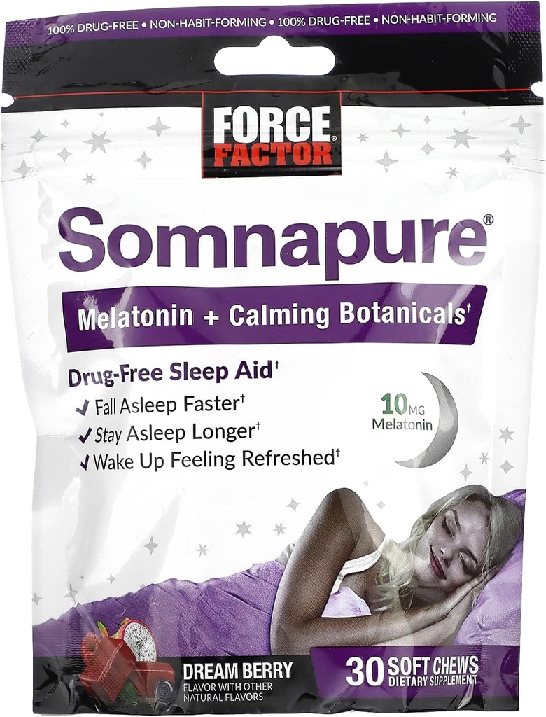 FORCE FACTOR Somnapure Soft Chews with 10mg Melatonin, L-Theanine, Chamomile, Lemon Balm, Dream Berry Flavor, 30 Soft Chews