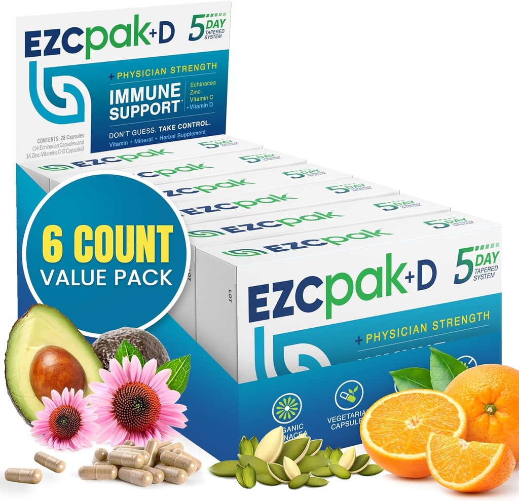 EZC Pak 5-Day Immune System Booster cu Echinacea, Vitamina C, Zinc & Vitamina D - Tained Immune Supplement Supplement pentru Adulți - Sprijină Imunitate, Easy Travel-Size Supliment Pack - (Pachet de 6)