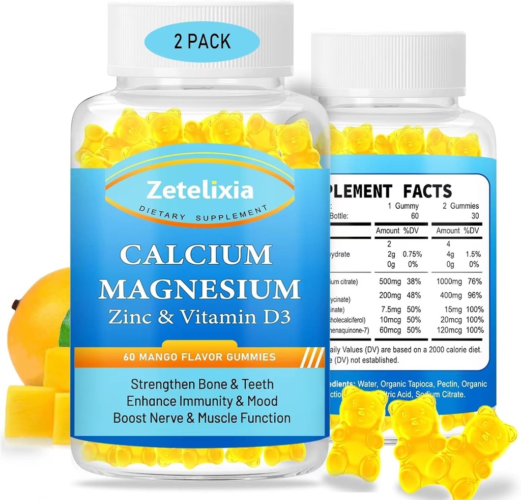 Gume de zinc de calciu de magneziu pentru adulți & copii, 1000 mg zahăr gratuit Citrat de calciu Supliment, absorbție ridicată Gume de magneziu glicinat cu vitamina D3 & K2 - Bone & Muscle & Immune Health (2 ambalaj)