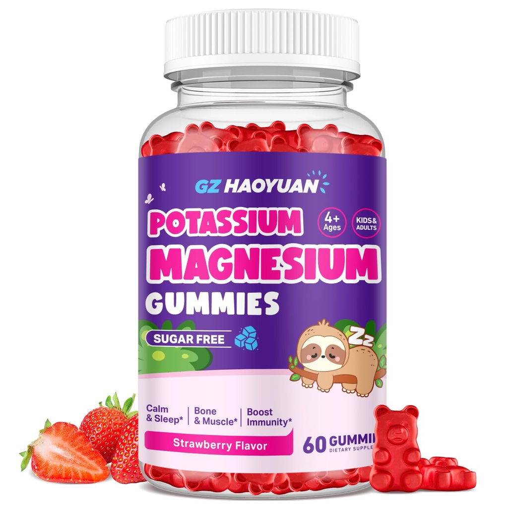 Gume de magneziu pentru copii - Gume glicinate de magneziu cu vitamina D3, B6, Potasiu & Ashwagandha, Magneziu pentru copii si adulti Relaxare, Somn, Brain & Bone Health - Vegan Strawberry 60ct