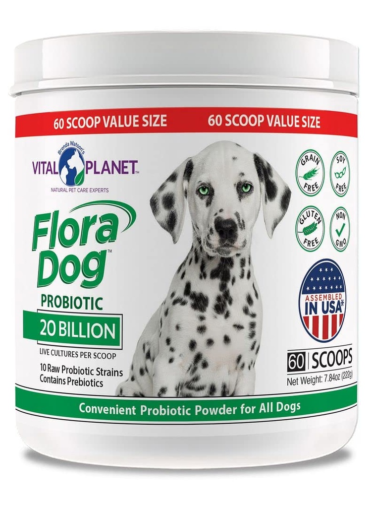 Planeta Vital - Flora Dog Powder Suplimentul Probiotic cu 20 de miliarde de culturi și 10 Strains, Potenta Inalta Imune și Digestive Suport Probiotice pentru câini, 7.84 oz., 222 Grams, 60 Serviri