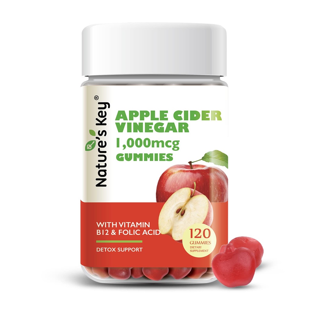 Key Apple Cidru de Oțet Gumies 120 Count ACV Gummy cu Folic Vitamina B6 B12 Beetroot & rodie - Vegan, Non-GMO & Gluten-Free