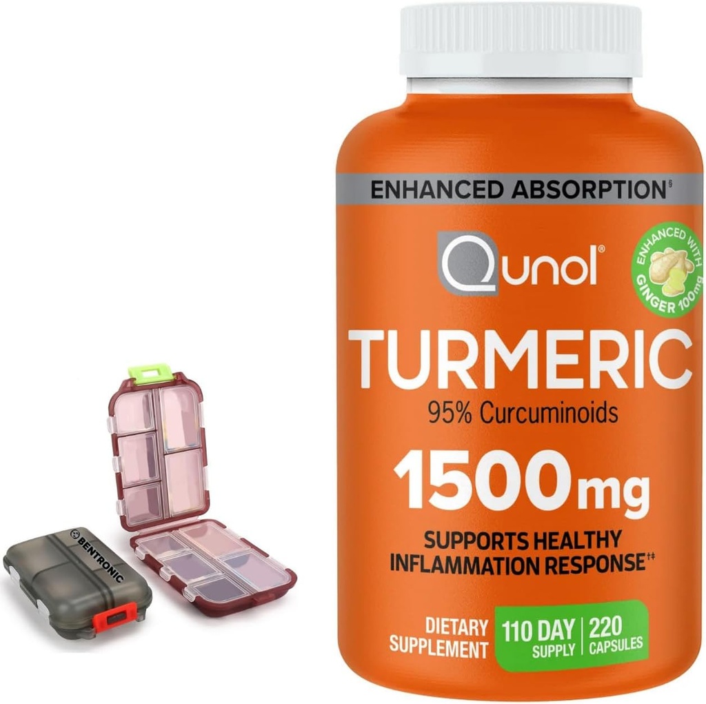 Turmeric 1500mg Supliment, 95% Curcuminoide, 220 capsule (110-Day Supply) cu două (2) Cazuri de pastile de călătorie.