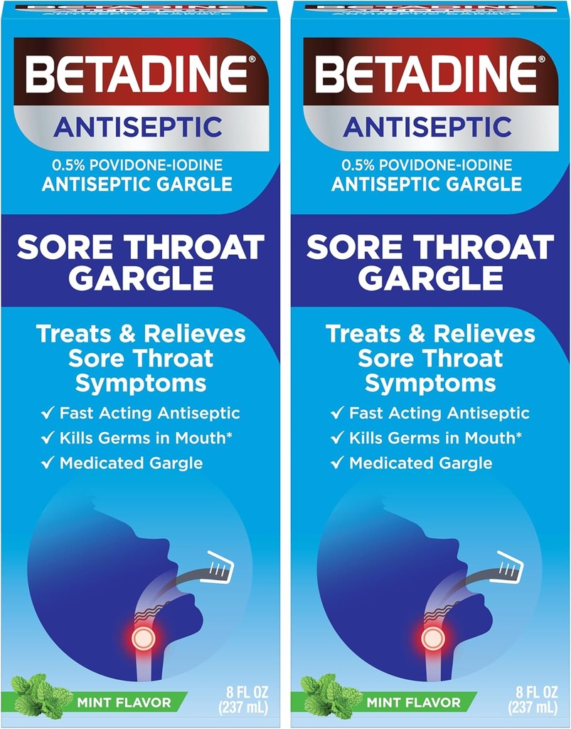 Betadină Sore Throat Relief Gargle, Aromă de mentă, Antiseptică cu acţiune rapidă, Povidonă-Iod 0,5%, 8 oz (Pachet de 2)