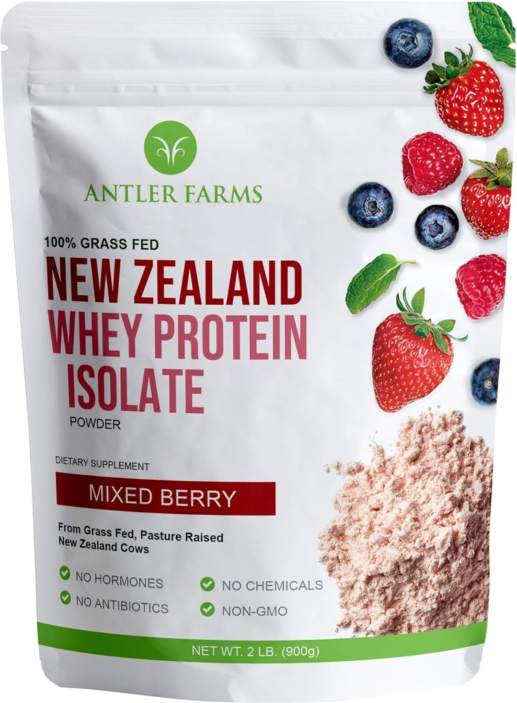 Ferme de coarne - 100% iarbă Fed Noua Zeelandă Izolat de proteine Whey, Aroma mixt Berry, 30 Serviri, 2 lbs - Delicious, Procesat la rece, Absorbed rapid, Keto Friendly, NO-Hormones, NO-GOMOs