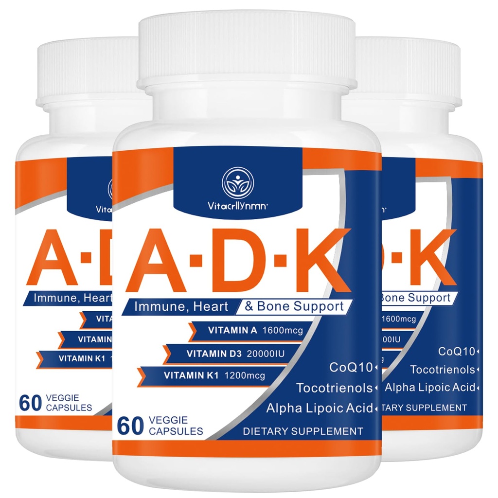 ADK Suplimentul de vitamine 20000 UI - Vitamine de mare potenţă A, D3 şi K1 pentru inimă, sănătate osoasă şi suport imunitar Vitamina ADK 180 Capsule
