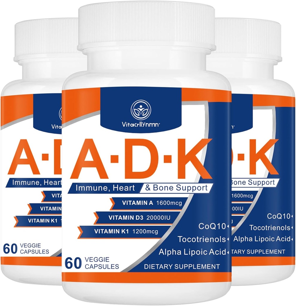 ADK Vitamin Supplement 20000 IU - High Potency Vitamins A, D3 and K1 for Heart, Bone Health and Immune Support Vitamin ADK 180 Capsules