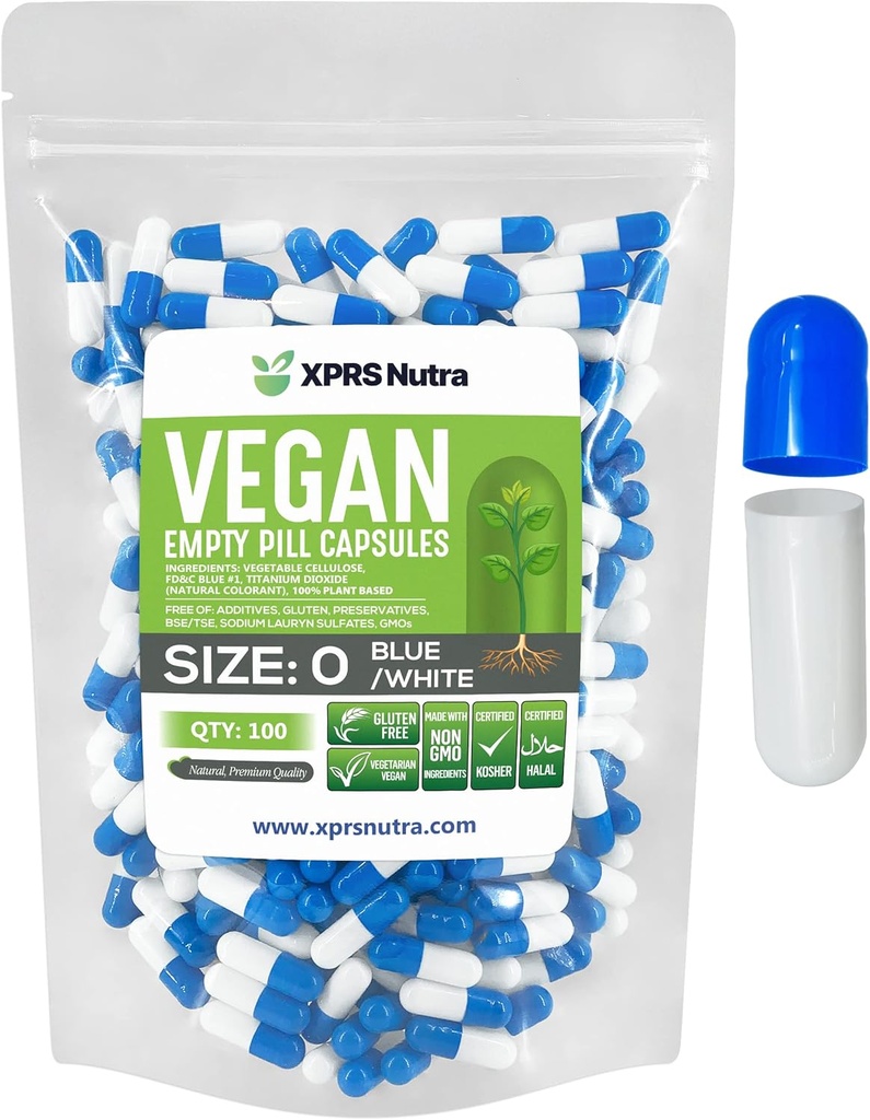XPRS Nutra Dimensiune 0 Capsule goale - 100 Capsule Vegane goale conte - Pastile vegetariene - Capsule vegetale DIY Umplere - Capace pentru pastile Veggie pentru a face-Toit-Yourself Suplements (alb/alb)