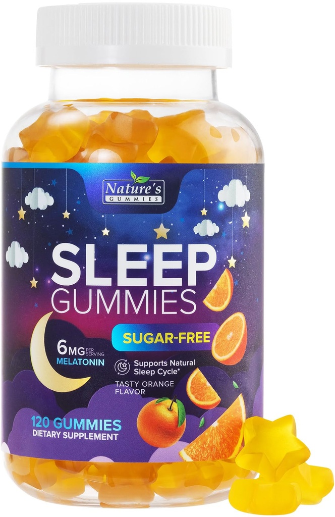 Gume de somn 6mg Per Servire - Melatonin gratuit de zahăr Gummy Supliment pentru adulți - Natural Zero Sugar Sleeping Gummy pentru adulți & copii, Orange Aroma, Extra Putere Sleep Support - 120 Gume