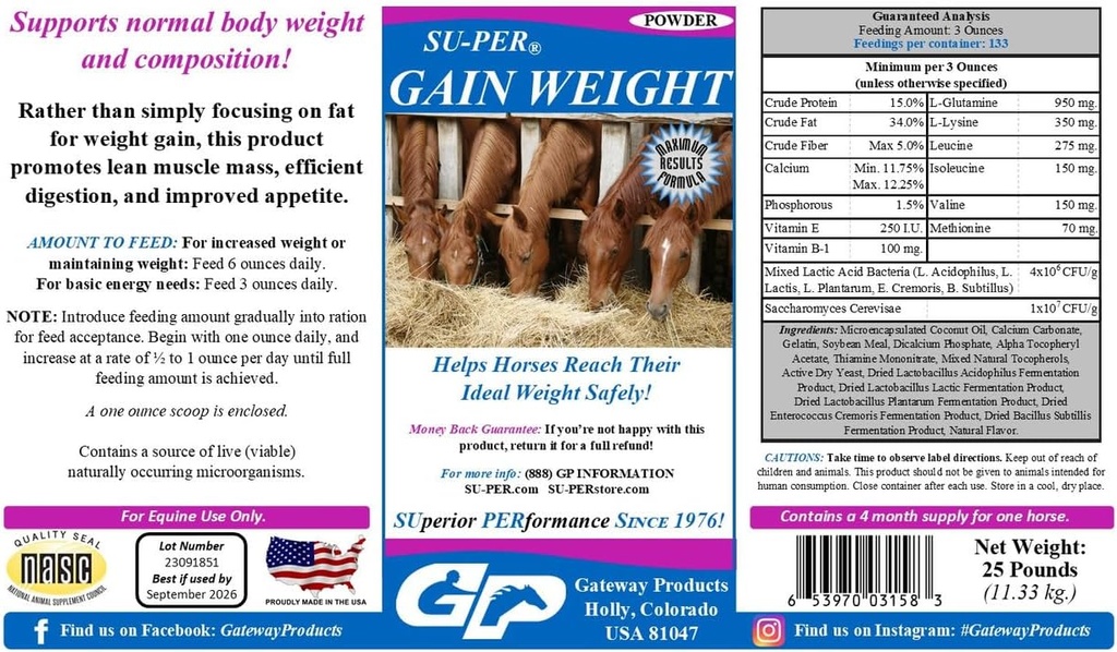 SU-PER castiga greutate pentru cai - Equine supliment de greutate Gainer pentru cai - promovează masa musculara lean, Digestion & Apetit - 25 Lire, 4 luni de aprovizionare