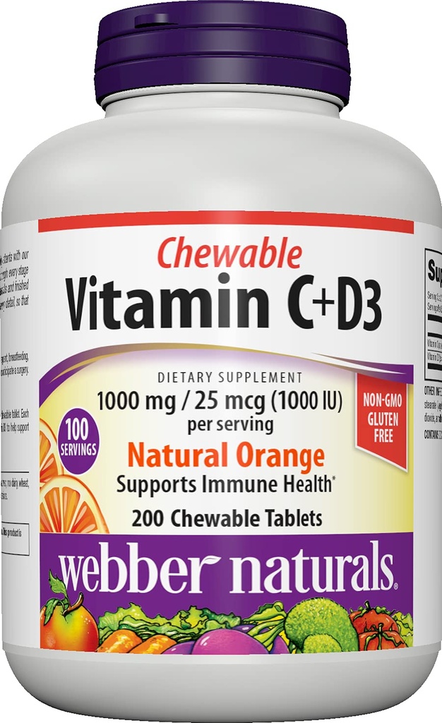 Webber Naturals Vitamina C+D3, 200 comprimate de portocale masticabile, 1000 mg de vitamina C cu 1000 UI de vitamina D3 per servire, oase, dinți, suport imun și antioxidant, non OMG, lactate și gluten gratuit