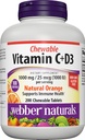 Webber Naturals Vitamina C+D3, 200 comprimate de portocale masticabile, 1000 mg de vitamina C cu 1000 UI de vitamina D3 per servire, oase, dinți, suport imun și antioxidant, non OMG, lactate și gluten gratuit