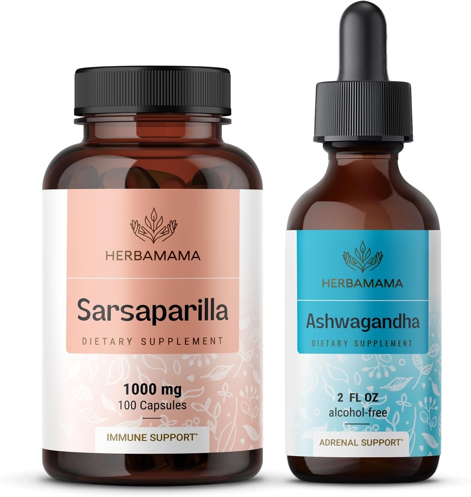 HERBAMAMA Sarsaparilla și Ashwagandha Kit - Bundle of 1000 mg Sarsaparilla Root Capsules & Ashwagandha Root Tincture 2 fl oz - Vegan, Non-GMO, Sugar & Alcohol-Free - 2 Pack