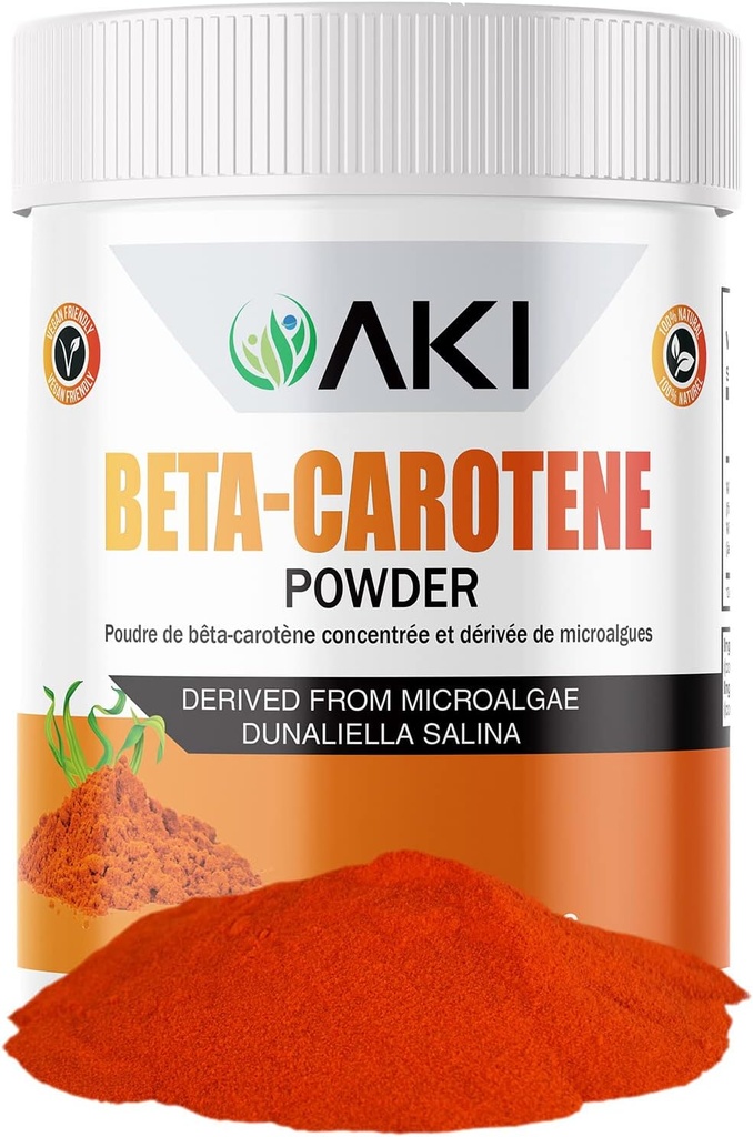 AKI Beta Caroten 10% pulbere (1.5oz/42.52g) Aroma de vitamina A extrem de concentrată, poate ajuta la susținerea funcțiilor corpului, pielii, sistemului imunitar și ochilor - OMG gratuit și Vegan prietenos
