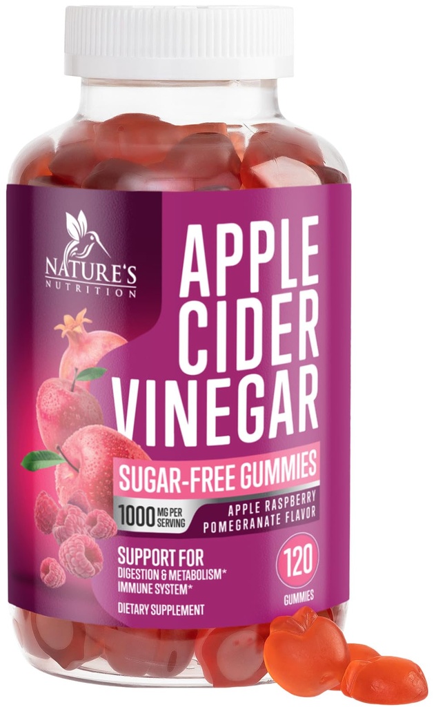 Apple Cider Otet Gumries 1000mg - Sugar Free ACV Gummy pentru Cleanse, Vitamina B12 pentru Digestion Energy & Immune Health Supports, Metabolizare, Vegan, Keto, Apple Raspberry Flavor - 120 Gummies