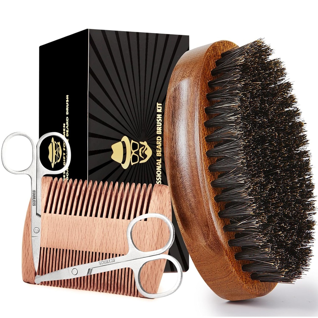 Perie barbă Sosoon pentru bărbați, 100% pur Boar Bristle Barbă Brush, Set de înrobit barbă Inclusiv piepteni barbă, 2 buc mustață foarfece, și Travel Bag
