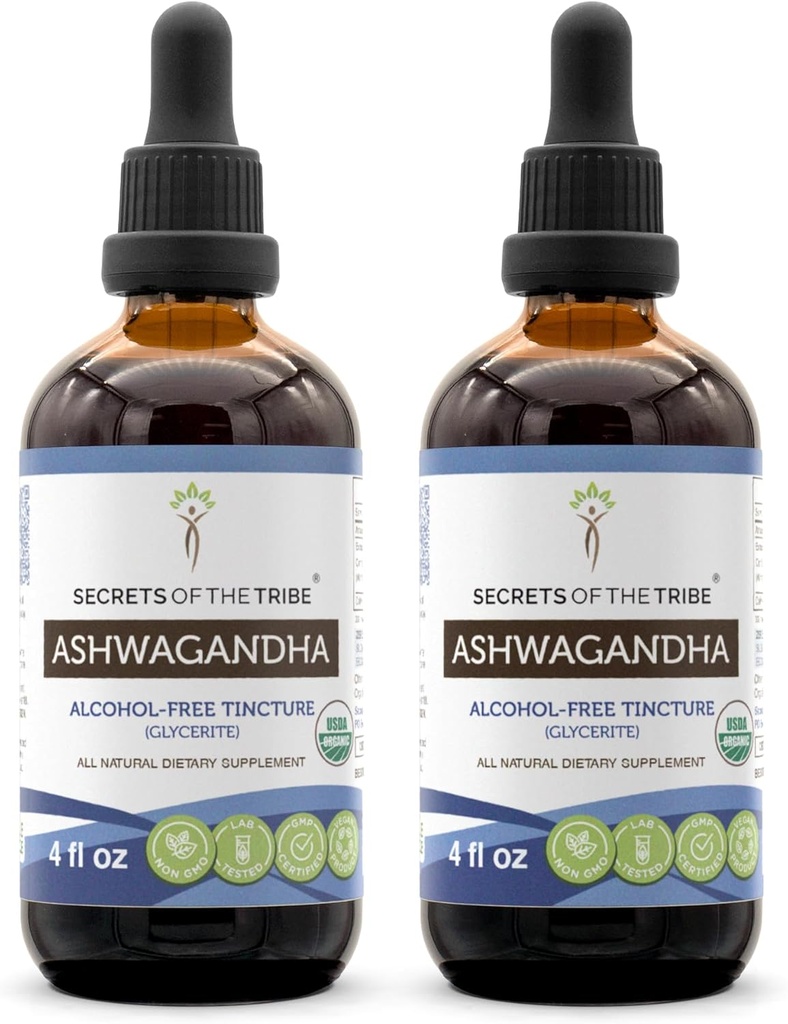 Ashwagandha Tincture Extract fără alcool, USDA Organic Ashwagandha Withania Somnifera Anti-Stres şi Relaxare 2x4 OZ