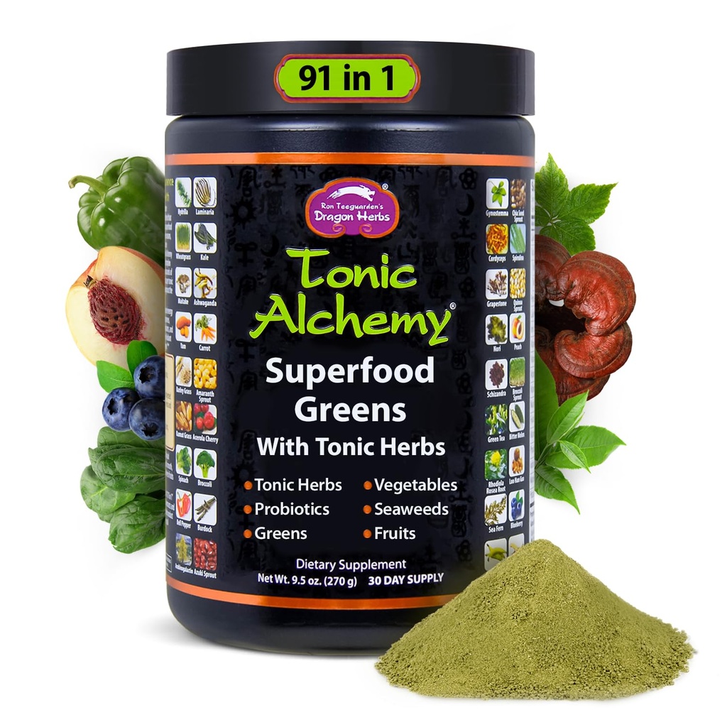 Dragon Herbs Tonic Alchemy Superfood Greens Pulbere cu 91 Ingrediente: Tonic Herbs, Ashwagandha, Ciuperci, Probiotice, Super Greens, Seaweeds, Fructe, Legume, Spirulina - 30 Serviri