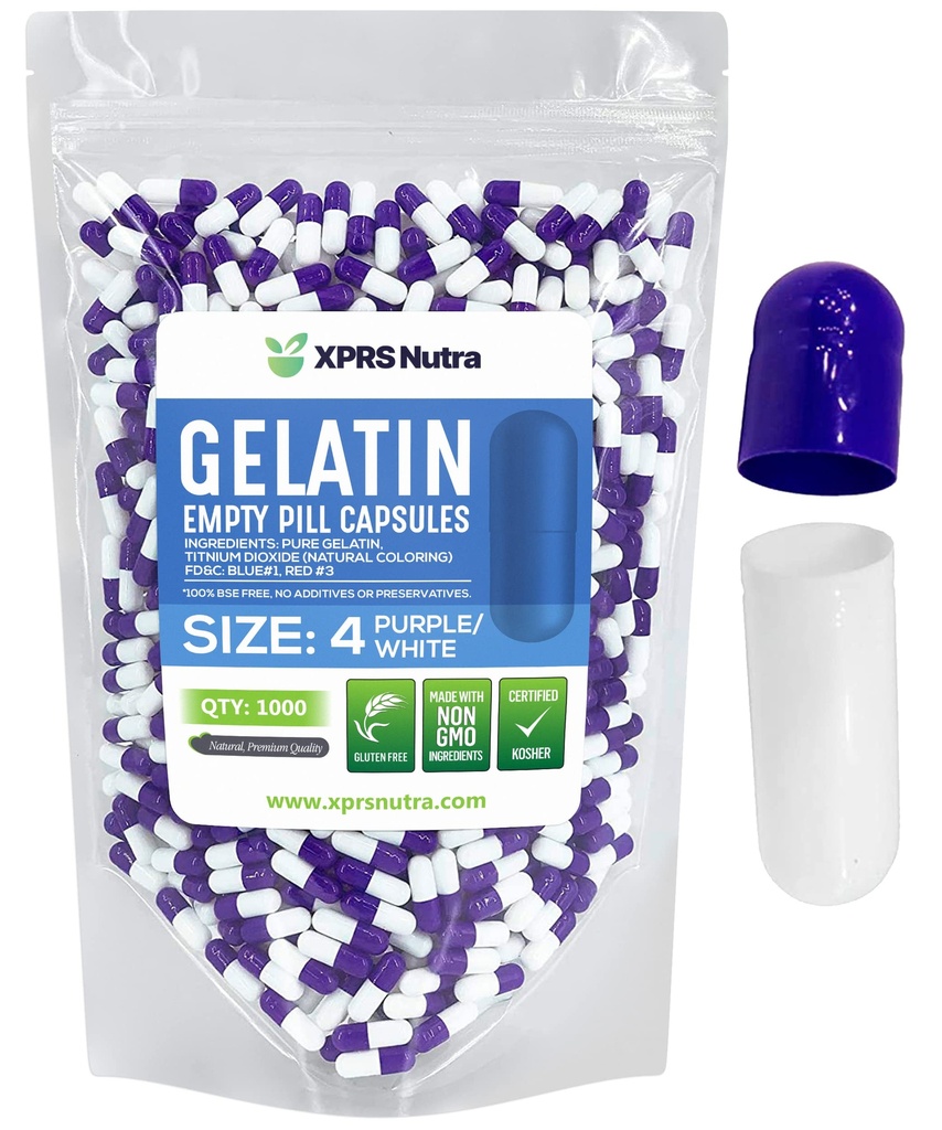 XPRS Nutra Dimensiune 4 Capsule goale - 100 Conte capsule gelatinoase mici goale - Pastile capsule DIY Umplere - Capace pure de gel pentru pastile bovine pure pentru suplimentele Do-Toit (Purple/White)