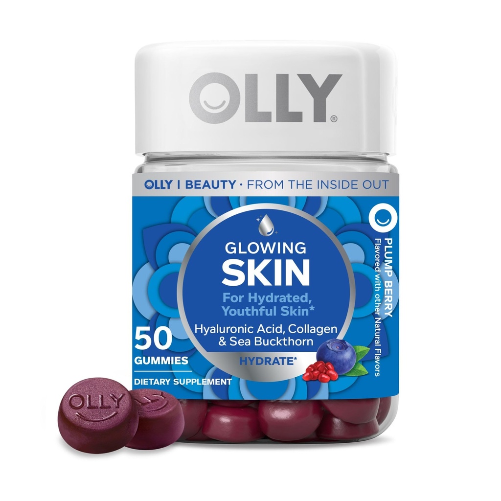 OLLY Glowing Skin Gummy, Hydrated & Youthful Skin,* Acid hialuronic, Colagen Peptides, Sea Buckthorn, Plump Berry Flavor, 25 Day Supply - 50 Conte