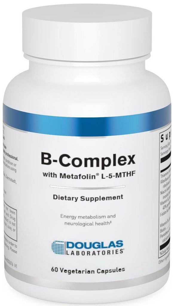 Laboratoarele Douglas B- Complex cu Metafolin - Supliment complet B Vitamina - Energie si suport pentru sanatatea creierului* - Cu Folate, Biotin & Tiamin - Non-GMO - 60 Capsule vegetariene