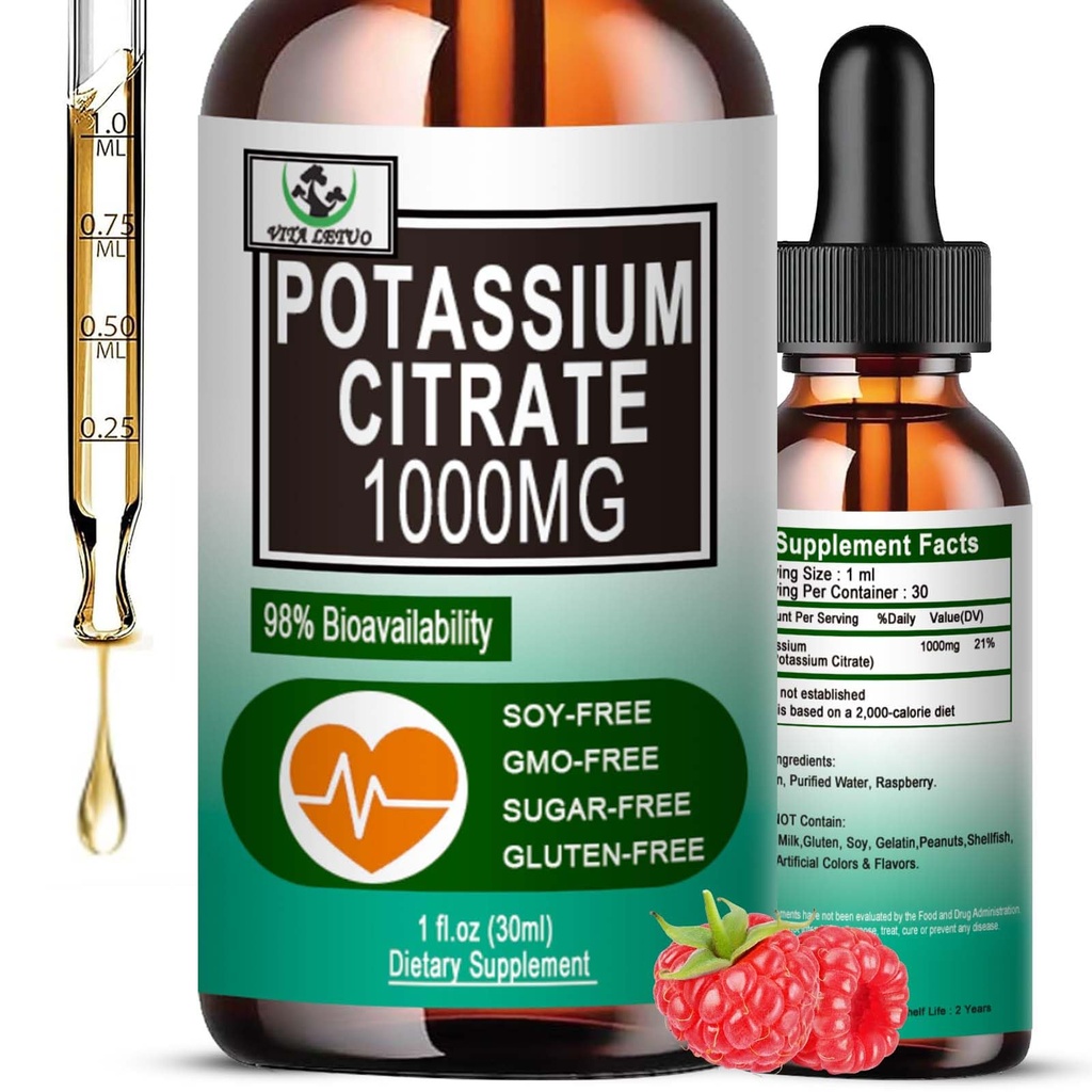 Potasiu Citrate Picături lichide,Potasium Supliment 1000mg Suport lichid Crama musculara Relief, Heart Health and Sleep,Highly Absorbable pentru adulți Femei și bărbați, Vegan, 30 Serviri